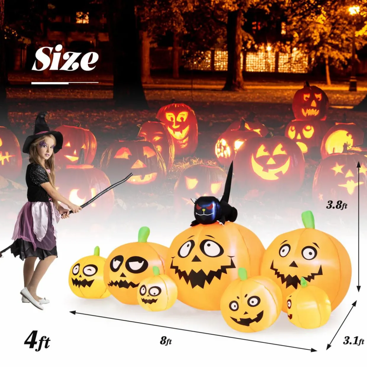 Tangkula 8 FT Halloween Inflatable Pumpkin Patch Lanterns with Witches' Cat