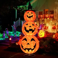 Tangkula 5 FT Halloween Lighted 3 Stacked Pumpkins, 3 Overlapped Pre-Lit Lighted Pumpkins with Hat