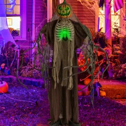 Tangkula 6 FT Halloween Light Up Talking Ghost Pumpkin with Glowing Ribs and Moving Head