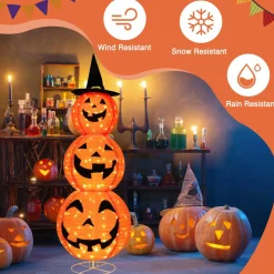 Tangkula 5 FT Halloween Lighted 3 Stacked Pumpkins, 3 Overlapped Pre-Lit Lighted Pumpkins with Hat