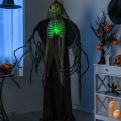 Tangkula 6 FT Halloween Light Up Talking Ghost Pumpkin with Glowing Ribs and Moving Head