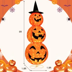 Tangkula 5 FT Halloween Lighted 3 Stacked Pumpkins, 3 Overlapped Pre-Lit Lighted Pumpkins with Hat