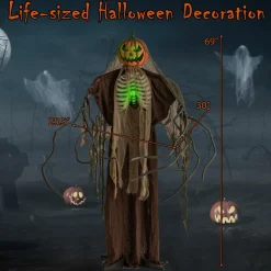 Tangkula 6 FT Halloween Light Up Talking Ghost Pumpkin with Glowing Ribs and Moving Head