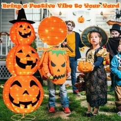 Tangkula 5 FT Halloween Lighted 3 Stacked Pumpkins, 3 Overlapped Pre-Lit Lighted Pumpkins with Hat