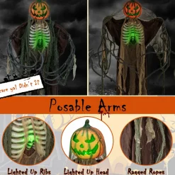 Tangkula 6 FT Halloween Light Up Talking Ghost Pumpkin with Glowing Ribs and Moving Head