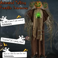 Tangkula 6 FT Halloween Light Up Talking Ghost Pumpkin with Glowing Ribs and Moving Head