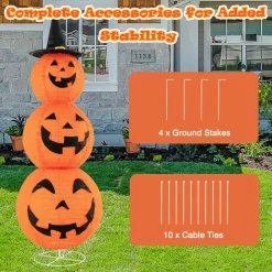 Tangkula 5 FT Halloween Lighted 3 Stacked Pumpkins, 3 Overlapped Pre-Lit Lighted Pumpkins with Hat