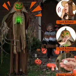Tangkula 6 FT Halloween Light Up Talking Ghost Pumpkin with Glowing Ribs and Moving Head