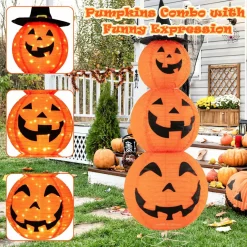 Tangkula 5 FT Halloween Lighted 3 Stacked Pumpkins, 3 Overlapped Pre-Lit Lighted Pumpkins with Hat
