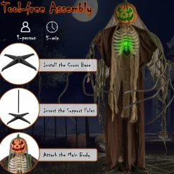 Tangkula 6 FT Halloween Light Up Talking Ghost Pumpkin with Glowing Ribs and Moving Head