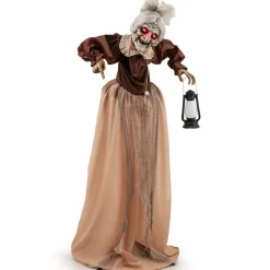 Tangkula 5 FT Halloween Standing Animated Old Lady Holding Lantern, Animatronic Zombie Maid with LED Lighted Red Eyes