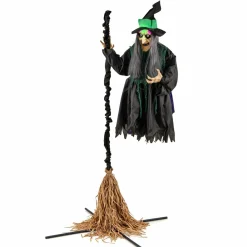 Tangkula 7 FT Halloween Standing Animated Witch on Broom, Outdoor Indoor Animatronic Halloween Prop with LED Lights