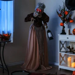 Tangkula 5 FT Halloween Standing Animated Old Lady Holding Lantern, Animatronic Zombie Maid with LED Lighted Red Eyes