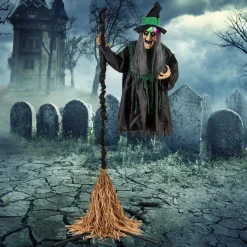 Tangkula 7 FT Halloween Standing Animated Witch on Broom, Outdoor Indoor Animatronic Halloween Prop with LED Lights