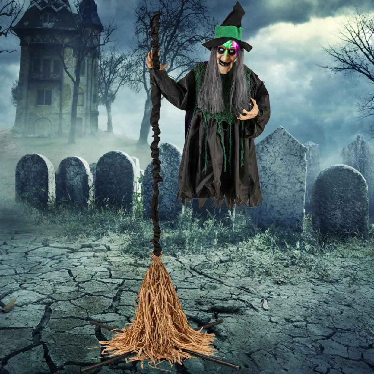 Tangkula 7 FT Halloween Standing Animated Witch on Broom, Outdoor Indoor Animatronic Halloween Prop with LED Lights