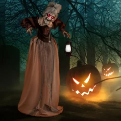 Tangkula 5 FT Halloween Standing Animated Old Lady Holding Lantern, Animatronic Zombie Maid with LED Lighted Red Eyes