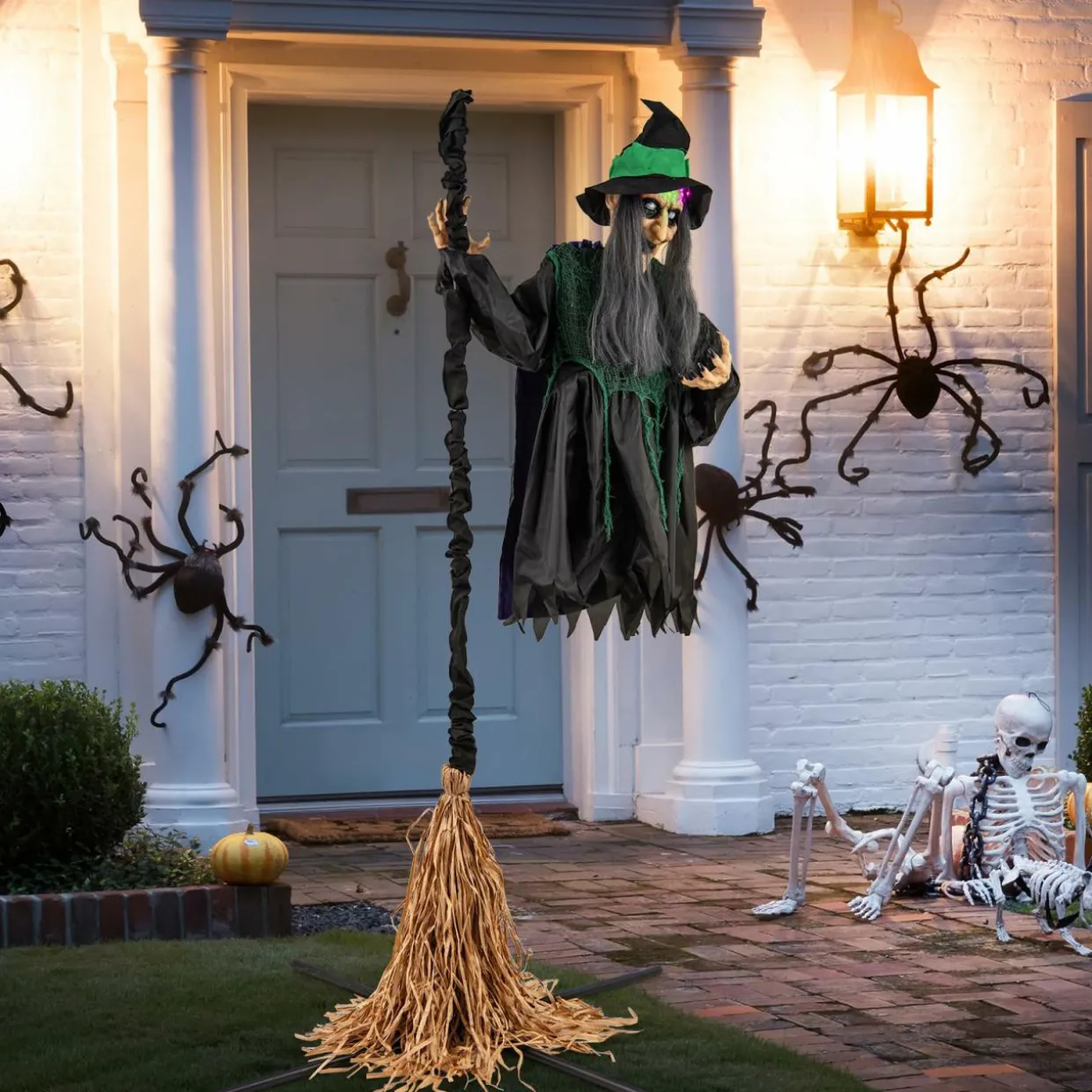 Tangkula 7 FT Halloween Standing Animated Witch on Broom, Outdoor Indoor Animatronic Halloween Prop with LED Lights
