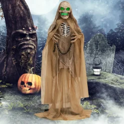 Tangkula 5.6 FT Halloween Standing Animated Skeleton with Chain, Animatronic Skull Grim Reaper with LED lights