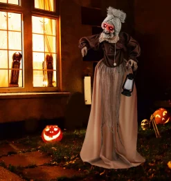 Tangkula 5 FT Halloween Standing Animated Old Lady Holding Lantern, Animatronic Zombie Maid with LED Lighted Red Eyes