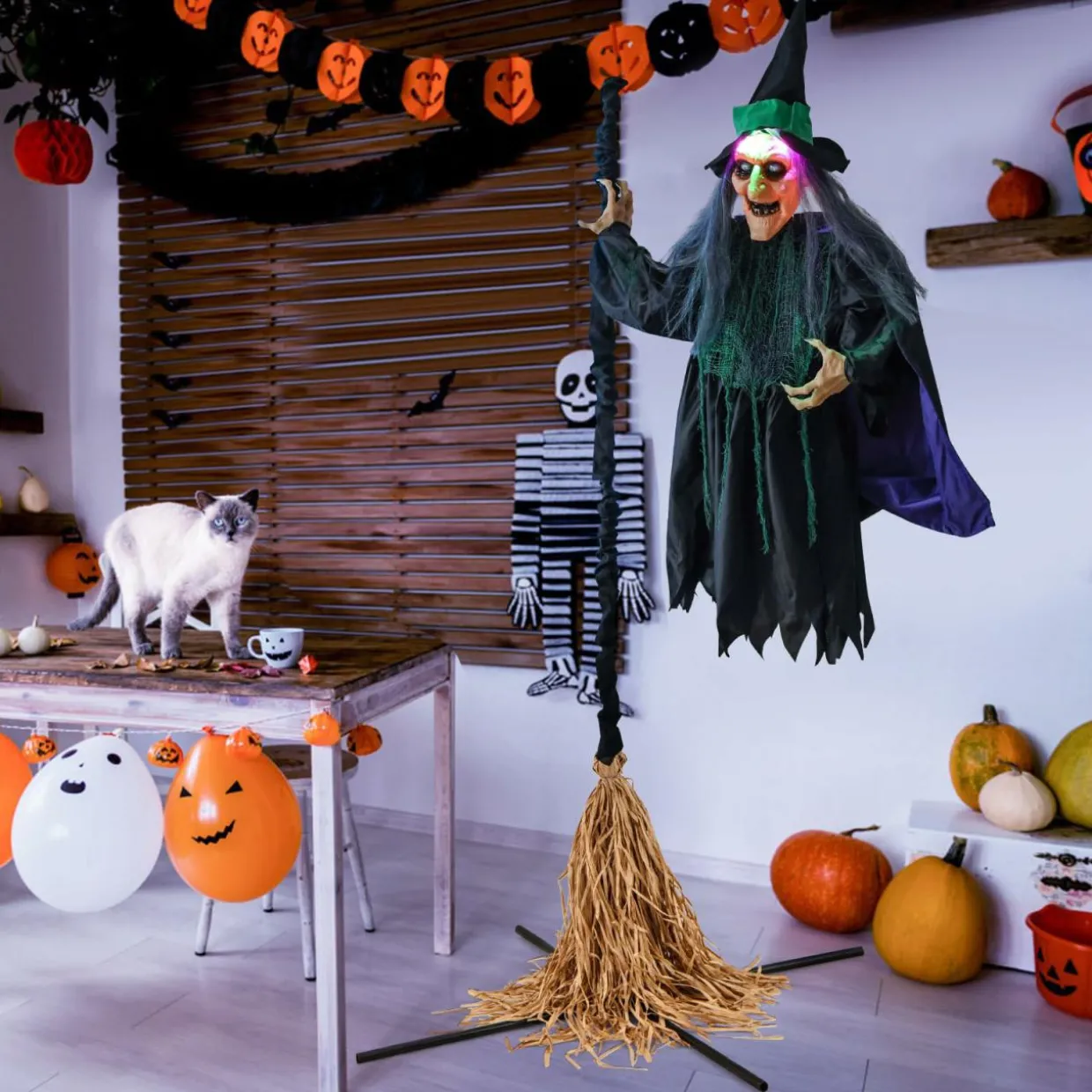 Tangkula 7 FT Halloween Standing Animated Witch on Broom, Outdoor Indoor Animatronic Halloween Prop with LED Lights