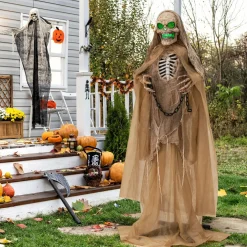 Tangkula 5.6 FT Halloween Standing Animated Skeleton with Chain, Animatronic Skull Grim Reaper with LED lights