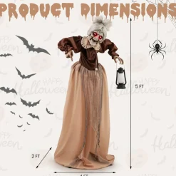 Tangkula 5 FT Halloween Standing Animated Old Lady Holding Lantern, Animatronic Zombie Maid with LED Lighted Red Eyes