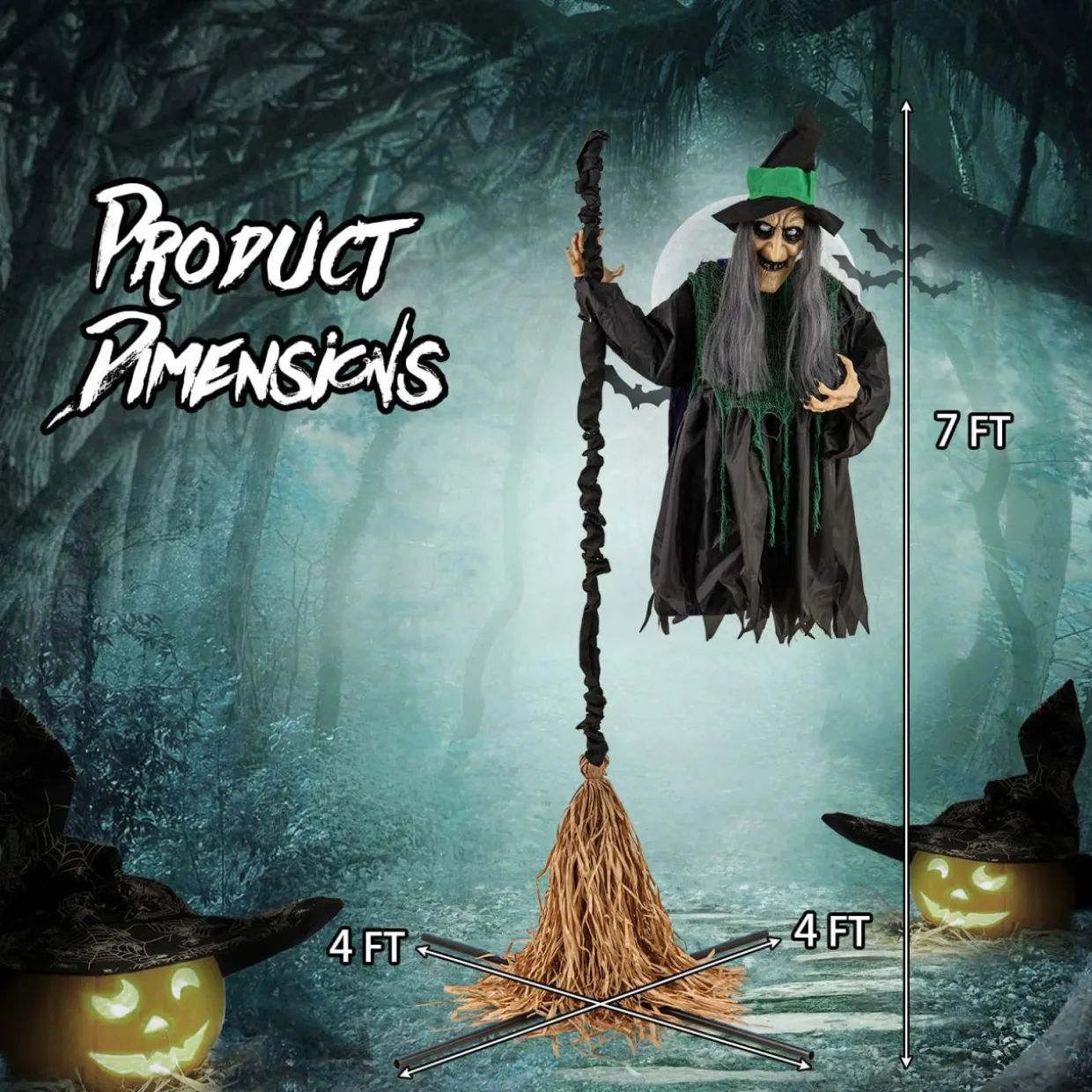 Tangkula 7 FT Halloween Standing Animated Witch on Broom, Outdoor Indoor Animatronic Halloween Prop with LED Lights