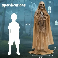 Tangkula 5.6 FT Halloween Standing Animated Skeleton with Chain, Animatronic Skull Grim Reaper with LED lights