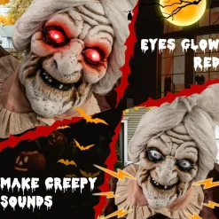 Tangkula 5 FT Halloween Standing Animated Old Lady Holding Lantern, Animatronic Zombie Maid with LED Lighted Red Eyes
