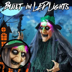 Tangkula 7 FT Halloween Standing Animated Witch on Broom, Outdoor Indoor Animatronic Halloween Prop with LED Lights