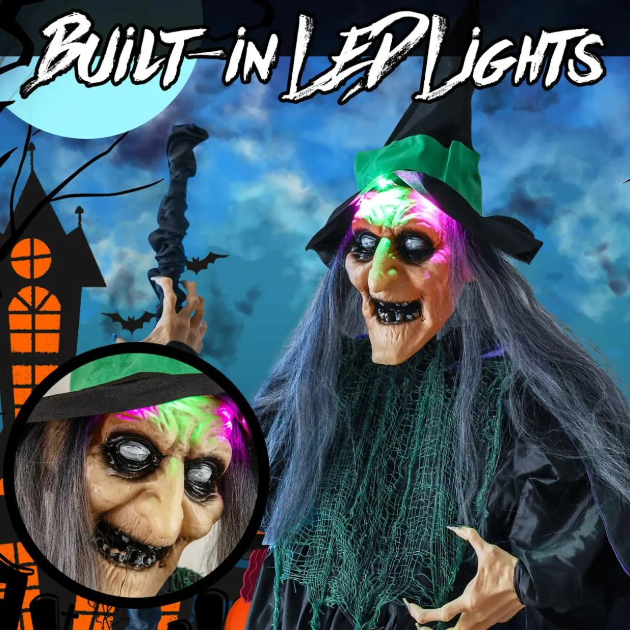 Tangkula 7 FT Halloween Standing Animated Witch on Broom, Outdoor Indoor Animatronic Halloween Prop with LED Lights