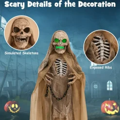 Tangkula 5.6 FT Halloween Standing Animated Skeleton with Chain, Animatronic Skull Grim Reaper with LED lights
