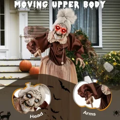 Tangkula 5 FT Halloween Standing Animated Old Lady Holding Lantern, Animatronic Zombie Maid with LED Lighted Red Eyes