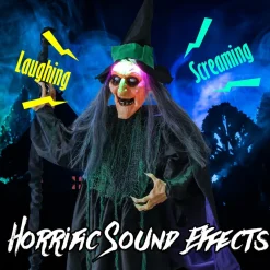Tangkula 7 FT Halloween Standing Animated Witch on Broom, Outdoor Indoor Animatronic Halloween Prop with LED Lights