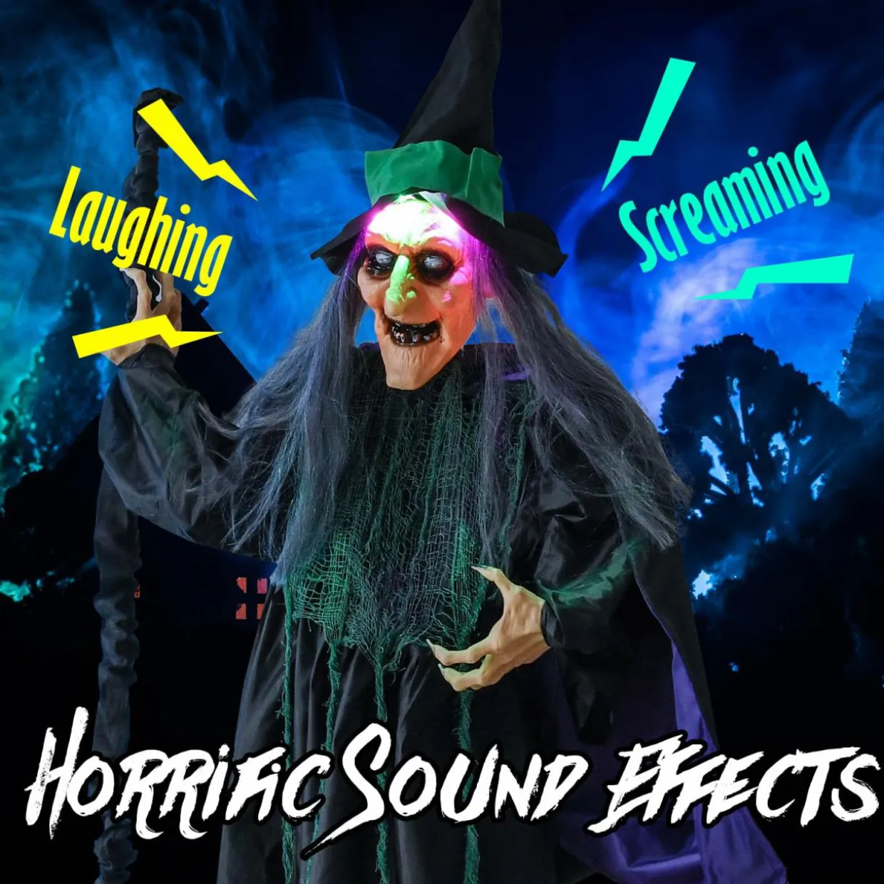 Tangkula 7 FT Halloween Standing Animated Witch on Broom, Outdoor Indoor Animatronic Halloween Prop with LED Lights