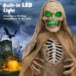 Tangkula 5.6 FT Halloween Standing Animated Skeleton with Chain, Animatronic Skull Grim Reaper with LED lights