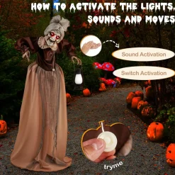 Tangkula 5 FT Halloween Standing Animated Old Lady Holding Lantern, Animatronic Zombie Maid with LED Lighted Red Eyes