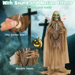 Tangkula 5.6 FT Halloween Standing Animated Skeleton with Chain, Animatronic Skull Grim Reaper with LED lights
