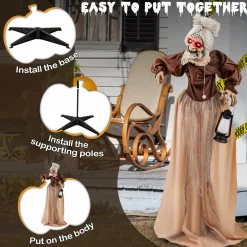 Tangkula 5 FT Halloween Standing Animated Old Lady Holding Lantern, Animatronic Zombie Maid with LED Lighted Red Eyes
