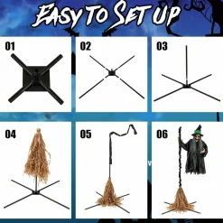 Tangkula 7 FT Halloween Standing Animated Witch on Broom, Outdoor Indoor Animatronic Halloween Prop with LED Lights