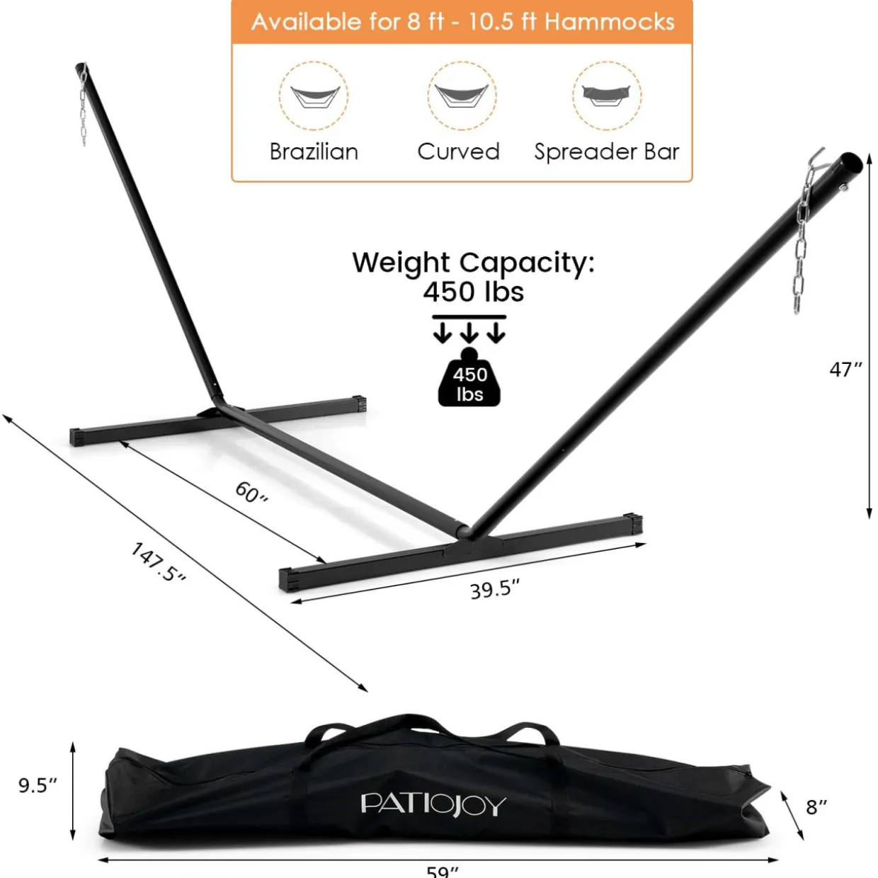 Tangkula 12.5 ft Hammock Stand Only, 2 Person Heavy Duty Steel Hammock Frame with 2 Hanging Chains