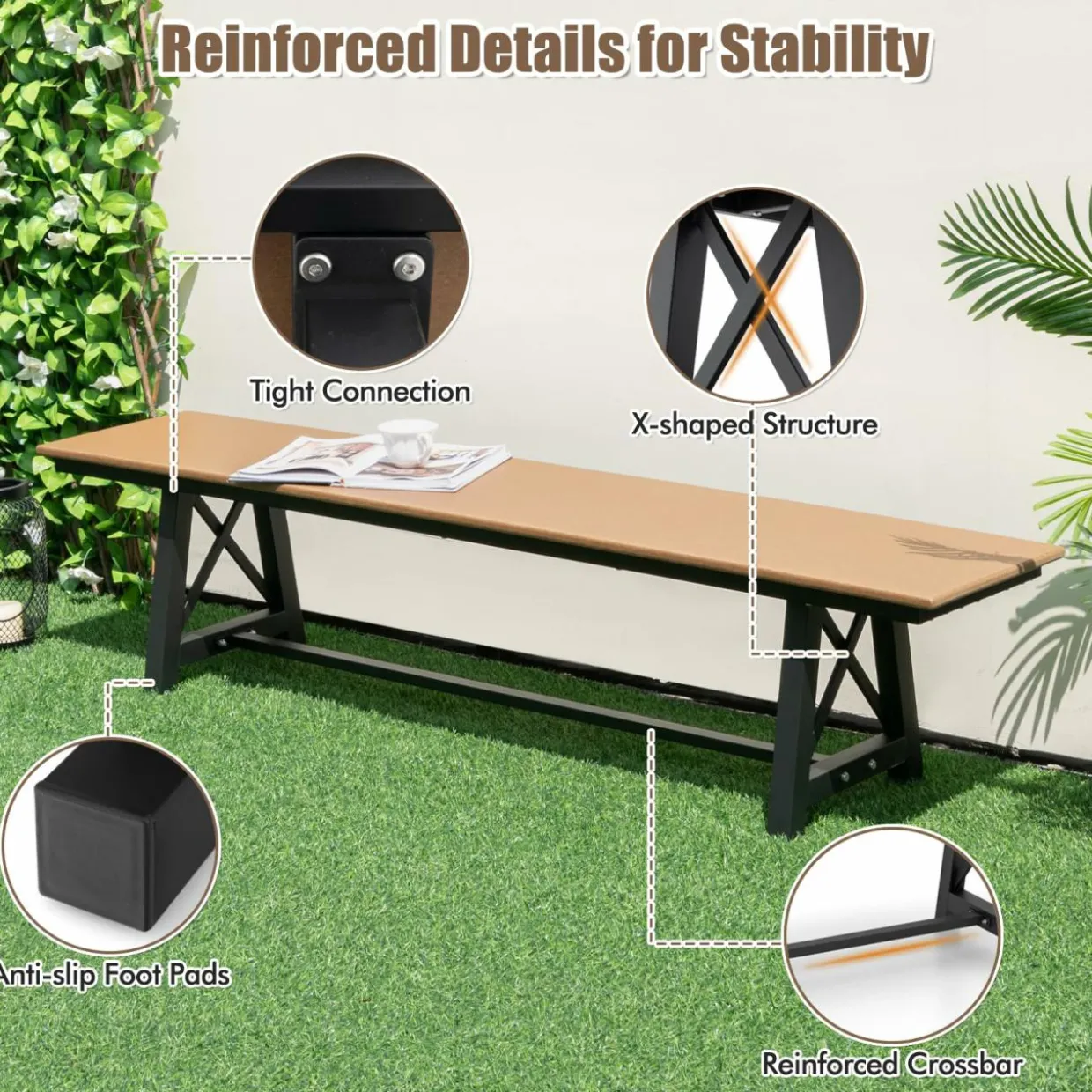 Tangkula 6 FT HDPE Outdoor Bench, Extra Long Patio Picnic Bench for 3-4 People, 1100 lbs Weight Capacity