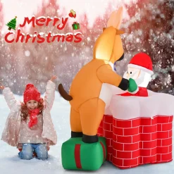 Tangkula 5 FT Inflatable Christmas Liftable Santa Claus Climbing Chimney with Reindeer Standing on a Gift Box