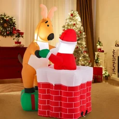 Tangkula 5 FT Inflatable Christmas Liftable Santa Claus Climbing Chimney with Reindeer Standing on a Gift Box