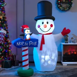 Tangkula 6 FT Inflatable Christmas Snowman, Blow up Xmas Decoration w/ Penguin Guidepost