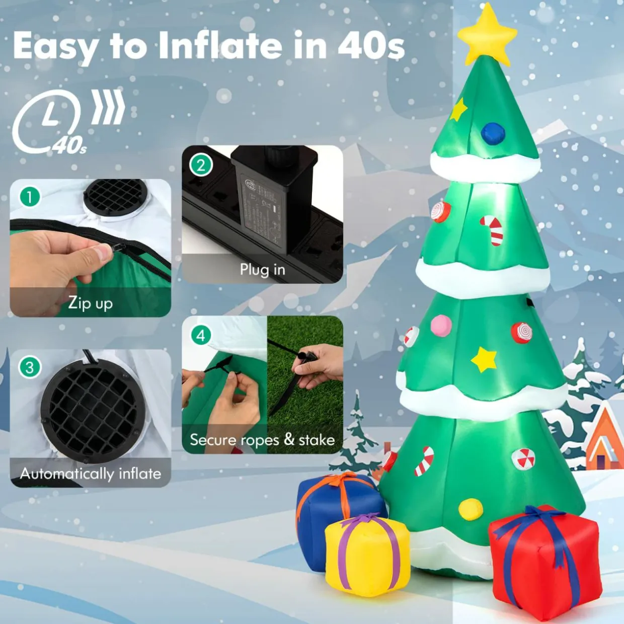 Tangkula 6 FT Inflatable Christmas Tree, Blow up Christmas Tree with 3 Gift Boxes, Self Inflating X-mas Tree with LED Lights