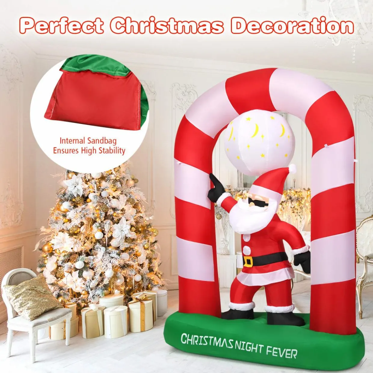 Tangkula 8 Ft Inflatable Christmas Stocking Arch with Disco Santa Claus