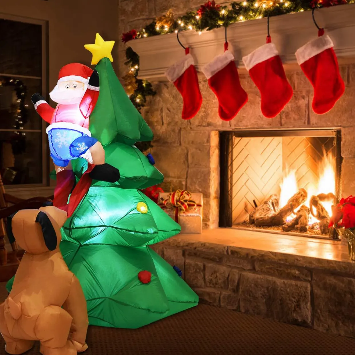 Tangkula 6 FT Inflatable Christmas Tree with Santa Claus & Dog