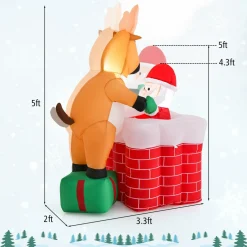 Tangkula 5 FT Inflatable Christmas Liftable Santa Claus Climbing Chimney with Reindeer Standing on a Gift Box