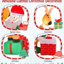 Tangkula 5 FT Inflatable Christmas Liftable Santa Claus Climbing Chimney with Reindeer Standing on a Gift Box